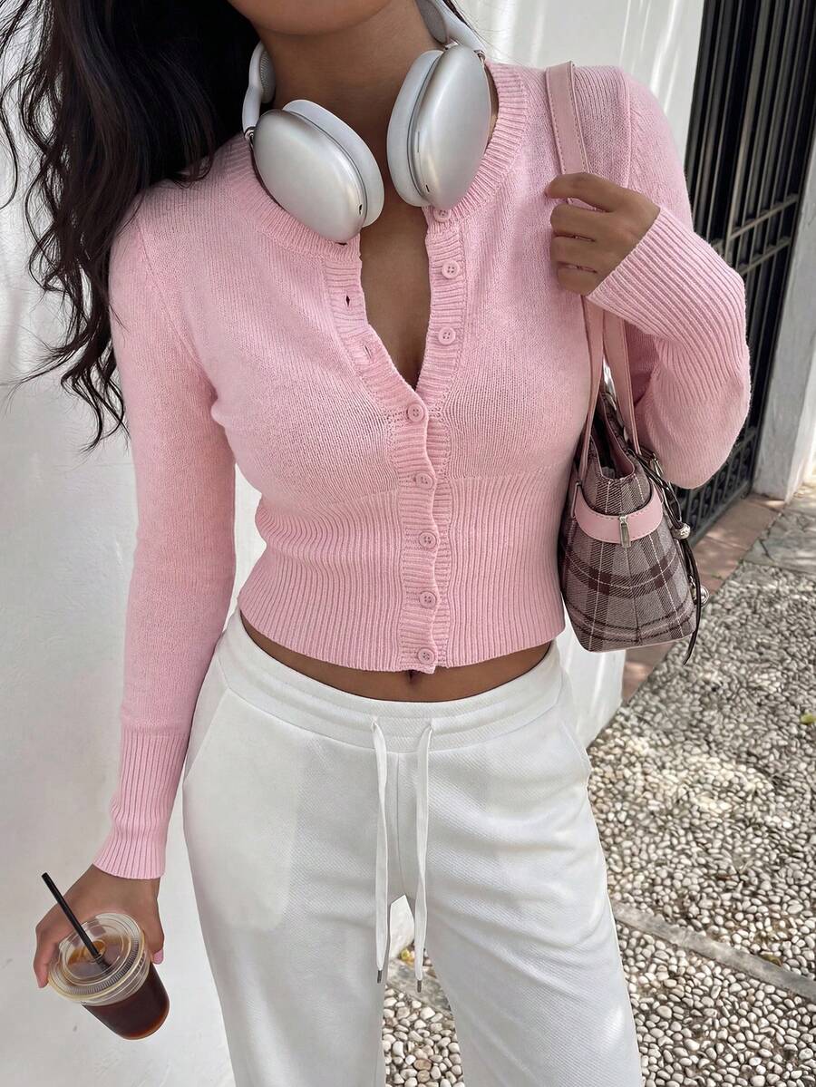 Women's Cropped Cardigan Round Neck Button Front Long Sleeve Ribbed Knit Pink