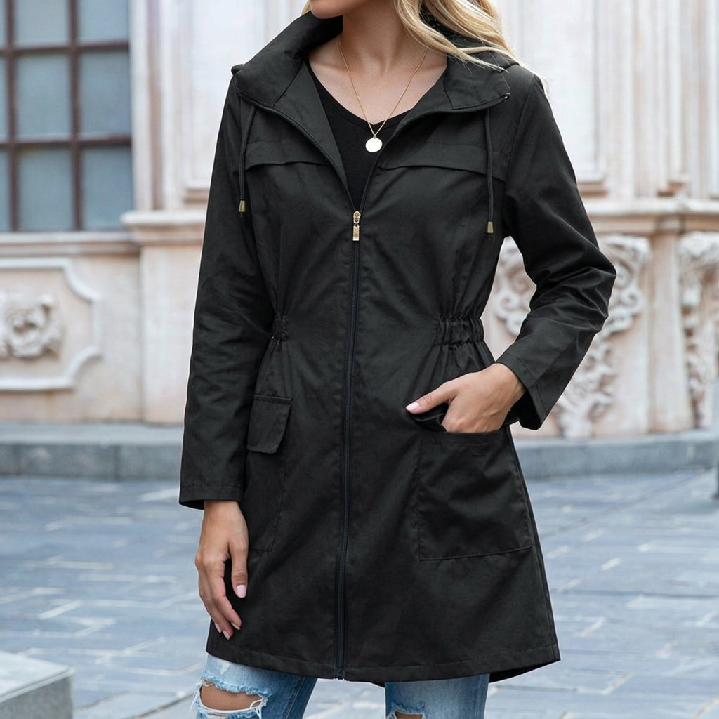 Women's Waterproof Hooded Rain Jacket Long Sleeve Zip Up Drawstring Trench Coat
