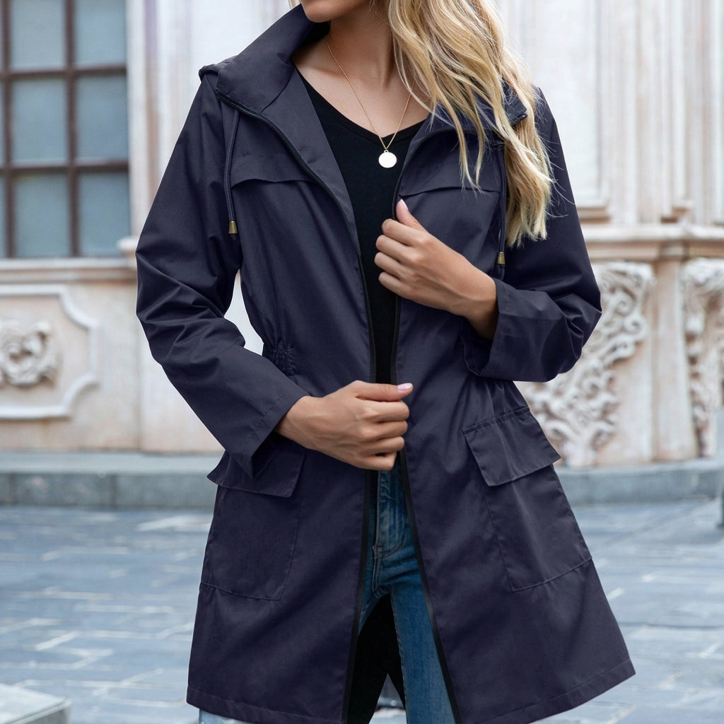 Women's Waterproof Hooded Rain Jacket Long Sleeve Zip Up Drawstring Trench Coat