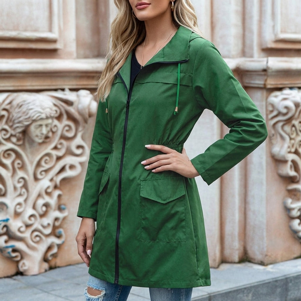 Women's Waterproof Hooded Rain Jacket Long Sleeve Zip Up Drawstring Trench Coat