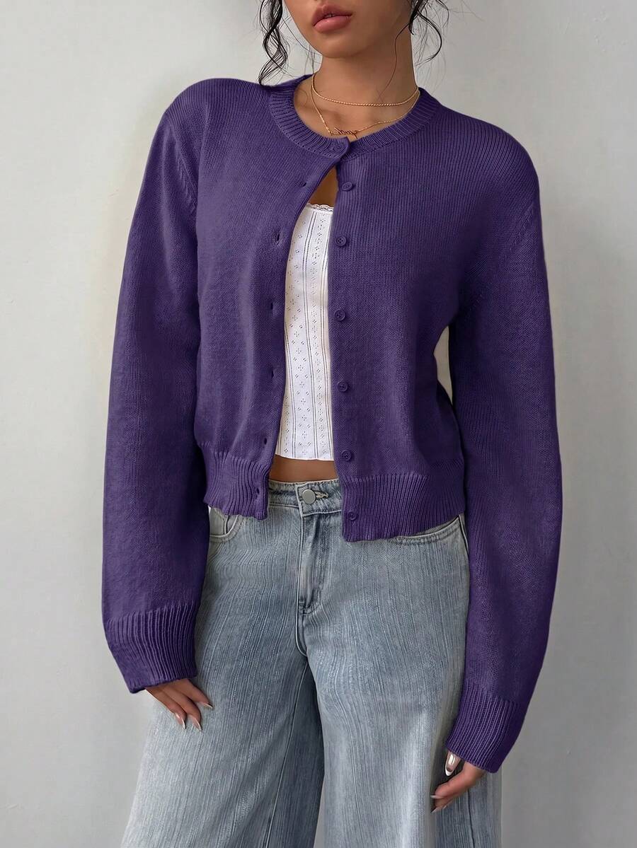 Women's Cropped Cardigan Round Neck Button Front Long Sleeve Knit Everyday