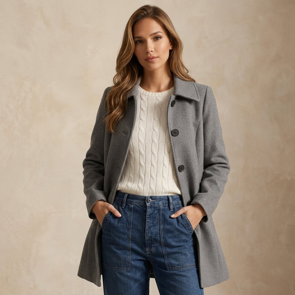 Women's Winter Trench Coat Collared Single-Breasted Button Mid-Length Coat