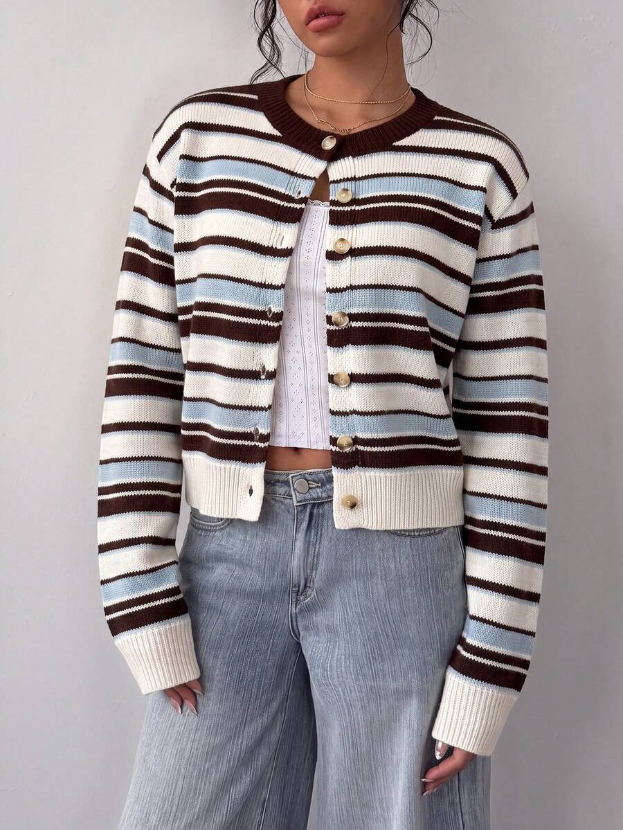 Women's Cropped Cardigan Round Neck Button Front Long Sleeve Knit Everyday