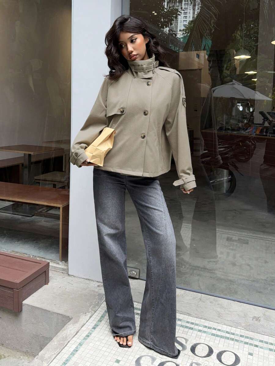 Women's Houndstooth Jacket High Neck Double Breasted Cropped Winter Coat