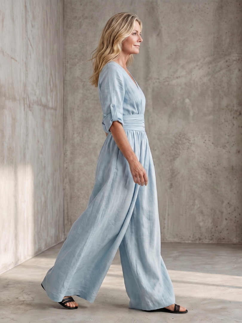 Women's Cross Front Wide Leg Jumpsuit V-Neck Rolled Sleeve Belted Casual