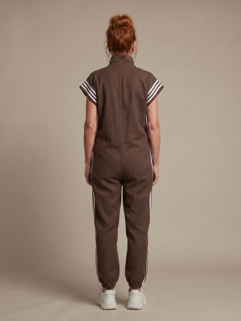 Women's Zip Front Jumpsuit Stripe Panel Sleeveless High Neck Casual