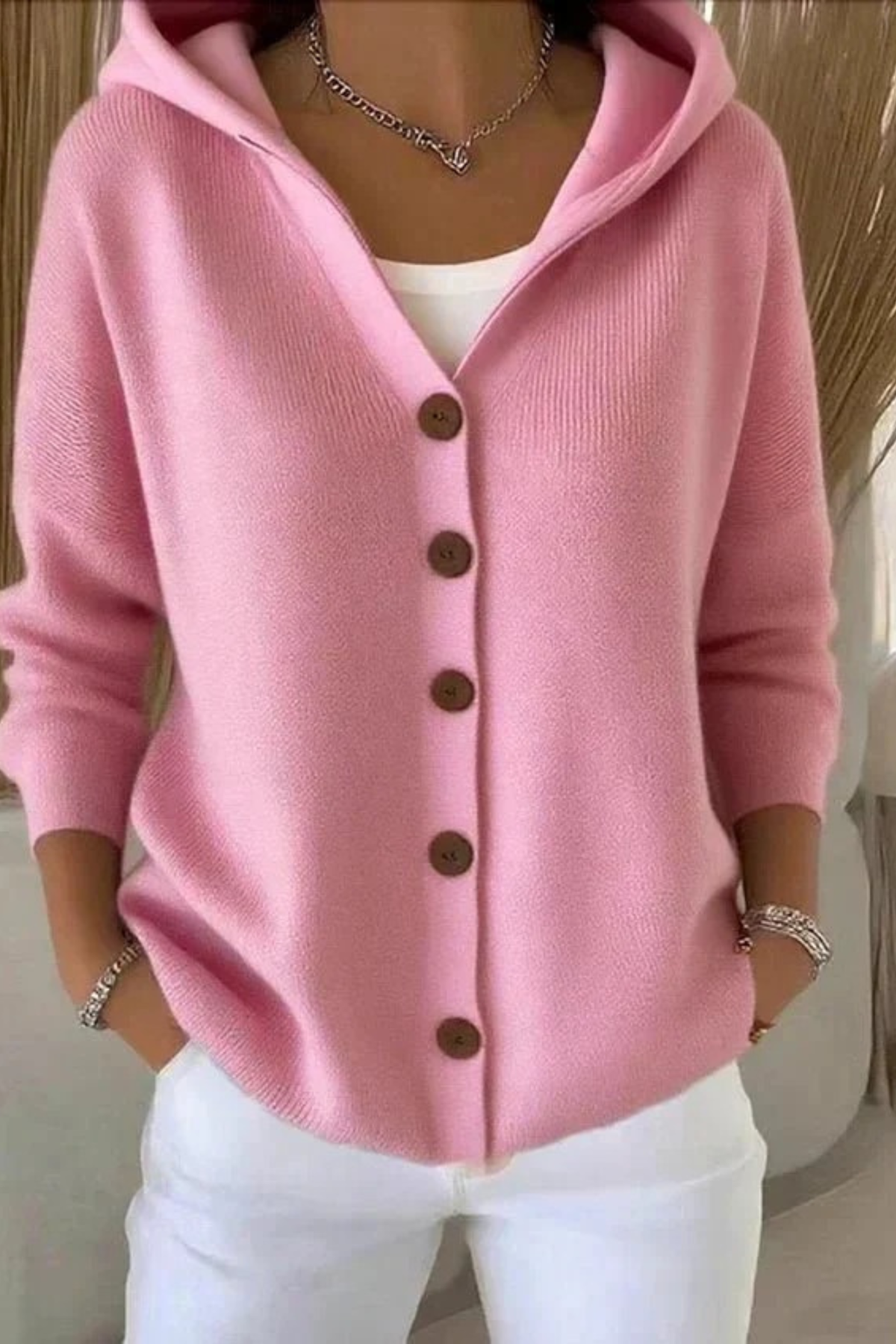 Women's Hooded Button-Front Cardigan Long Sleeve V-Neck Knit Everyday