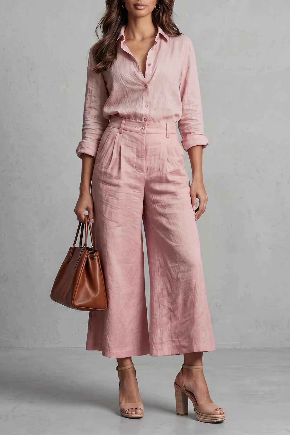 Women's Wide-Leg Co-Ord Set Linen Button-Up Shirt Cropped Pants Casual