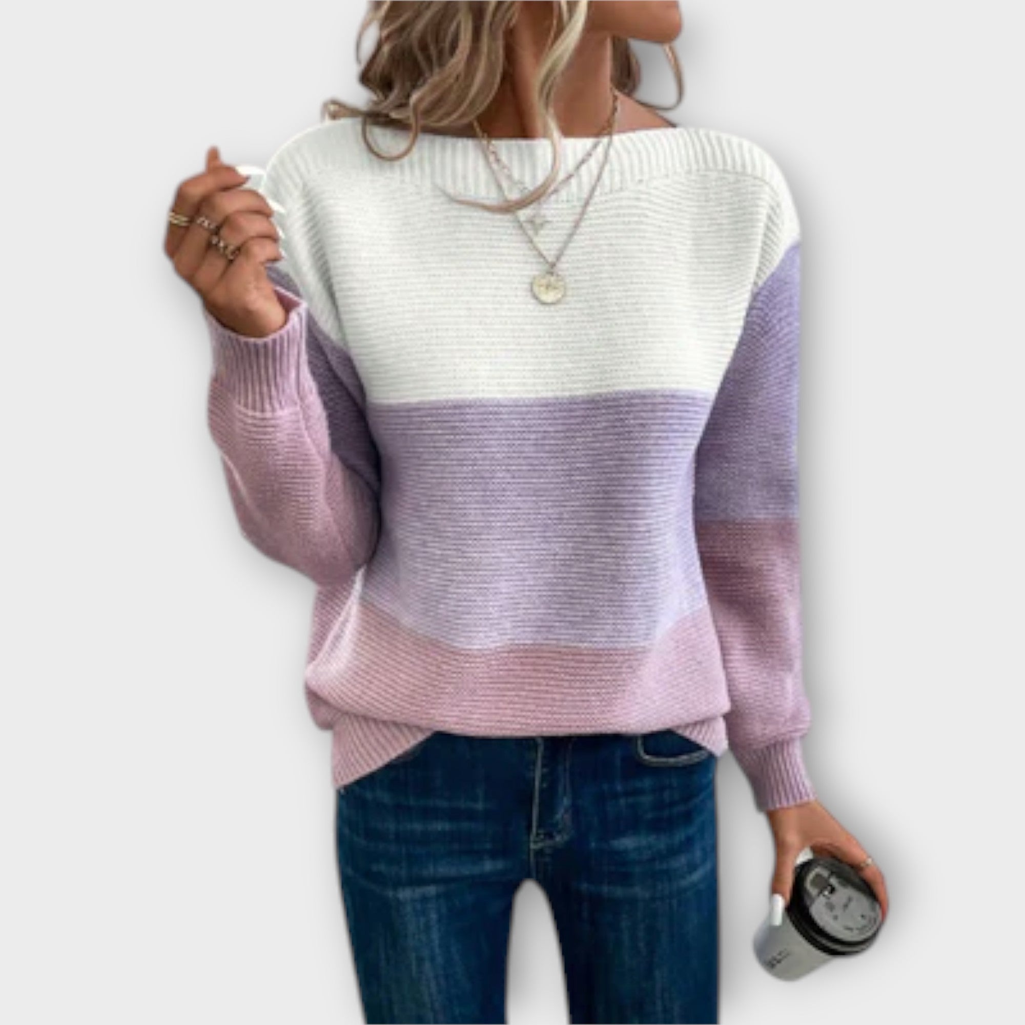 Women's Color Block Knit Sweater Boat Neck Long Sleeve Casual Pullover