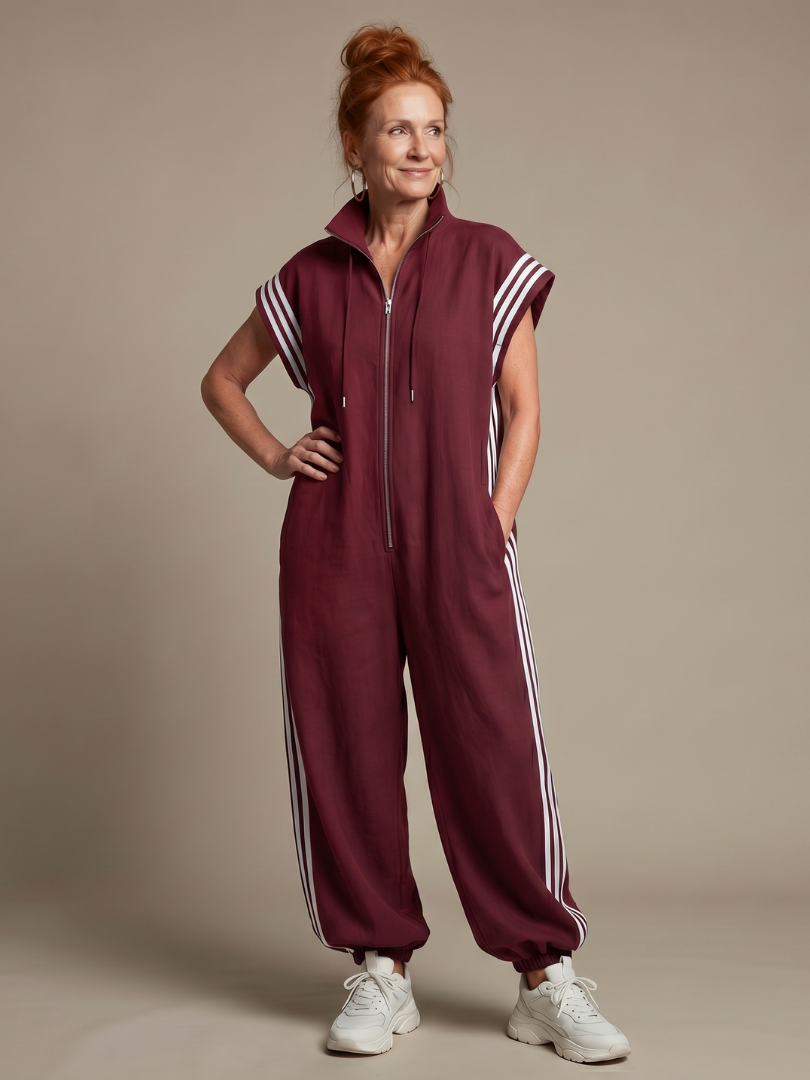 Women's Zip Front Jumpsuit Stripe Panel Sleeveless High Neck Casual