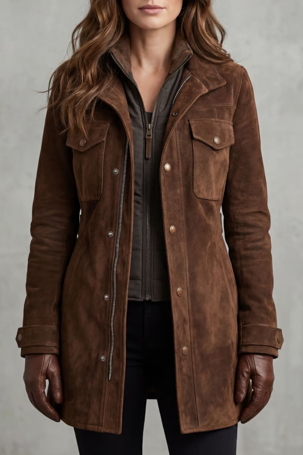 Women's Suede Longline Coat Button-Front Collared Casual Trench