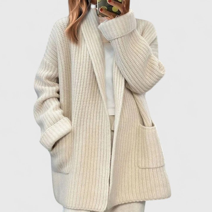 Women's Chunky Knit Cardigan Shawl Collar Open Front Pockets Oversized