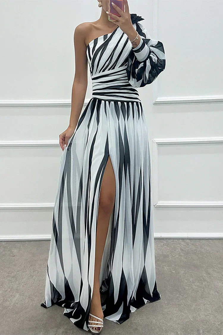 Wedding Guest Dress - Striped One Shoulder Maxi