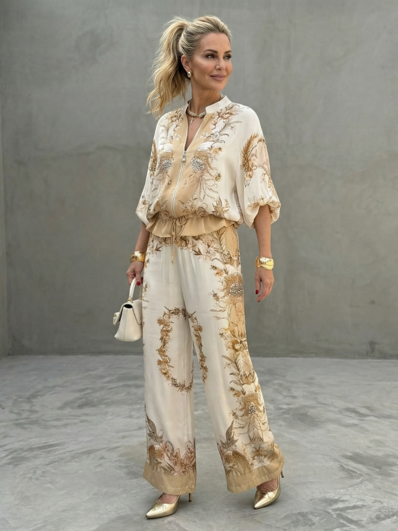 Women's Zip Front Blouson Top Wide Leg Pants Floral 2 Piece Set