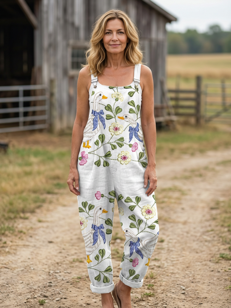 Women's Floral Goose Print Sleeveless Jumpsuit Adjustable Strap Casual Overalls