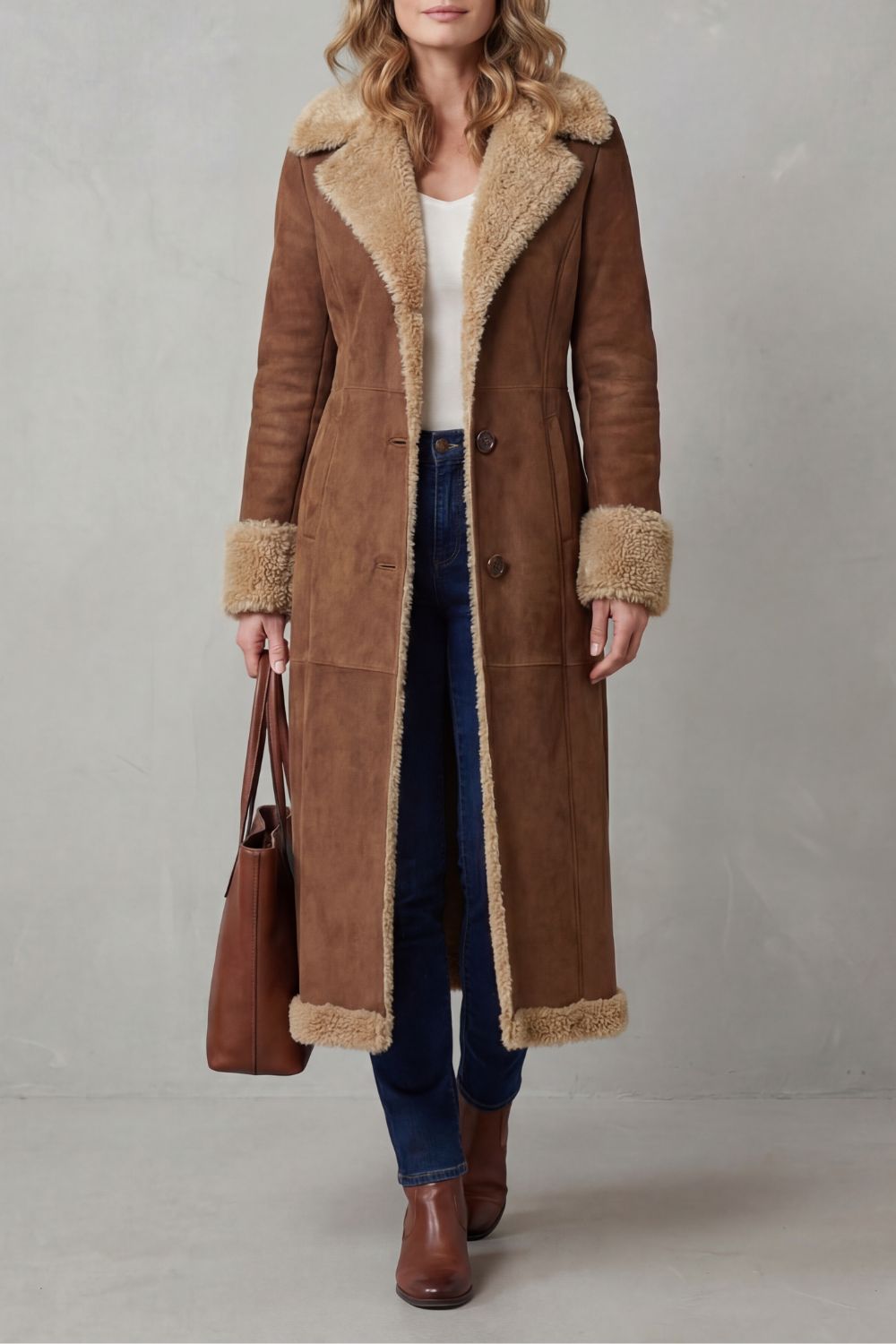 Women's Shearling-Lined Long Winter Coat Notch Lapel Button-Front