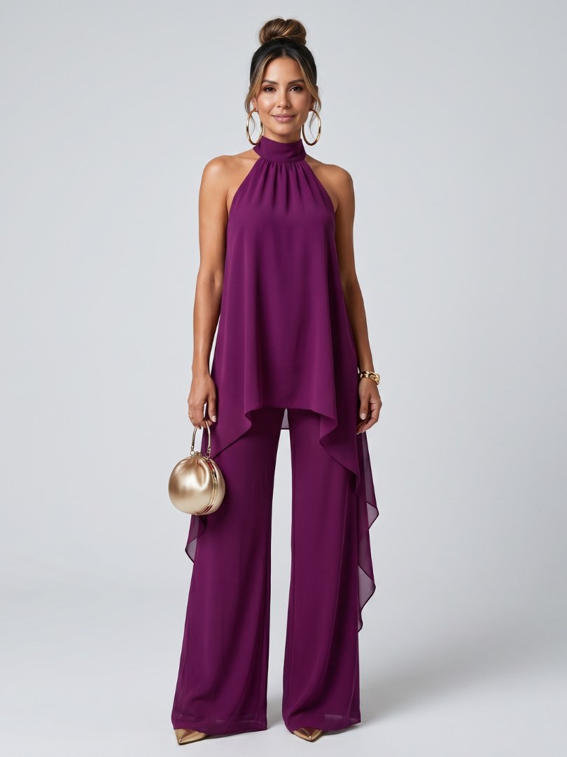 Women's 2 Piece Halter Neck Asymmetric Tunic Top Wide Leg Pants Set