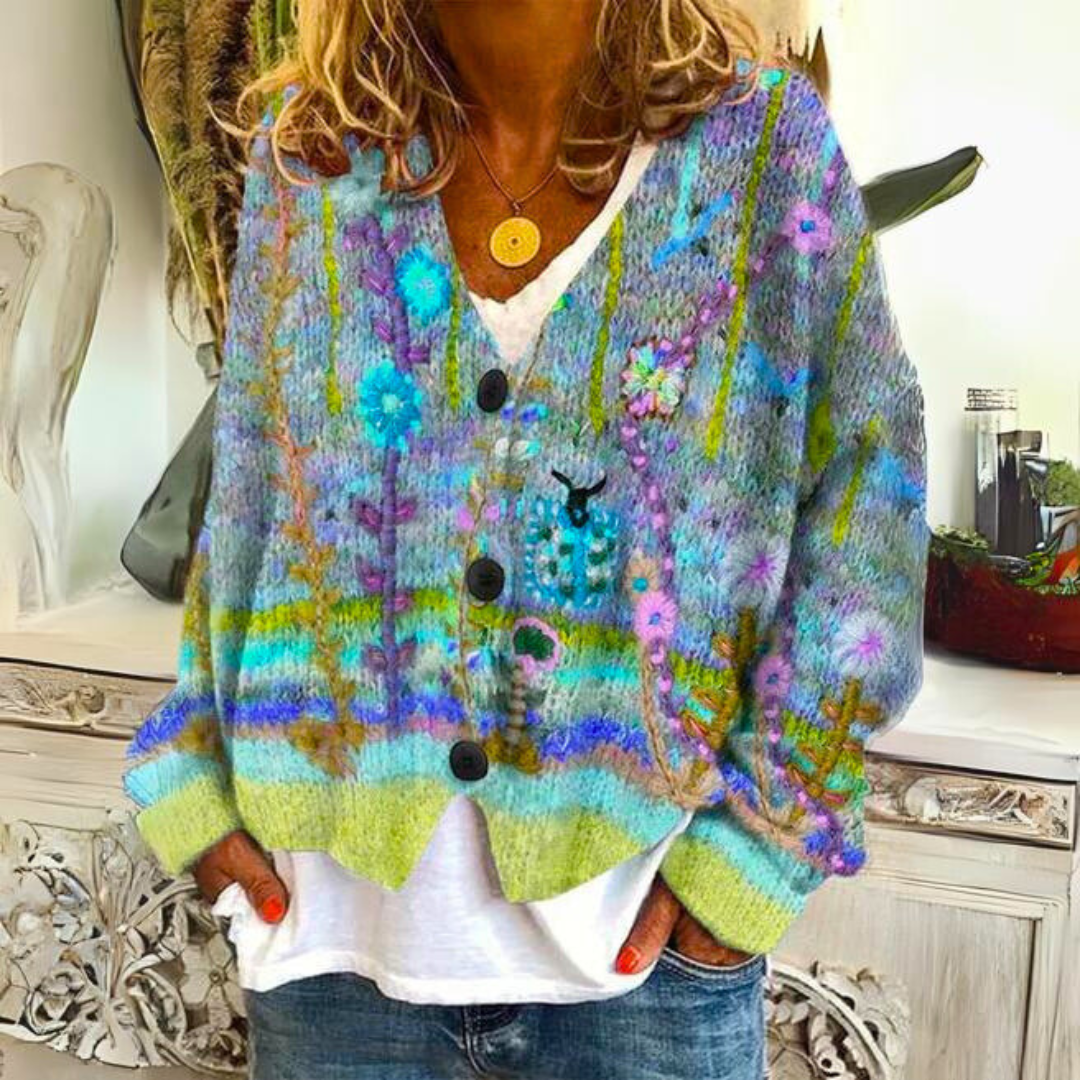 Women's Floral Embroidered Cardigan V-Neck Button Knit Sweater