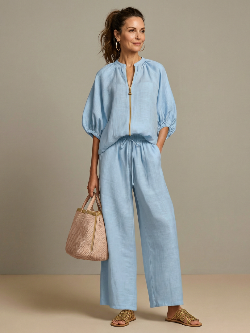 Women's Zip Front Blouson Top Wide Leg Pants Set Light Blue 3/4 Sleeve Casual