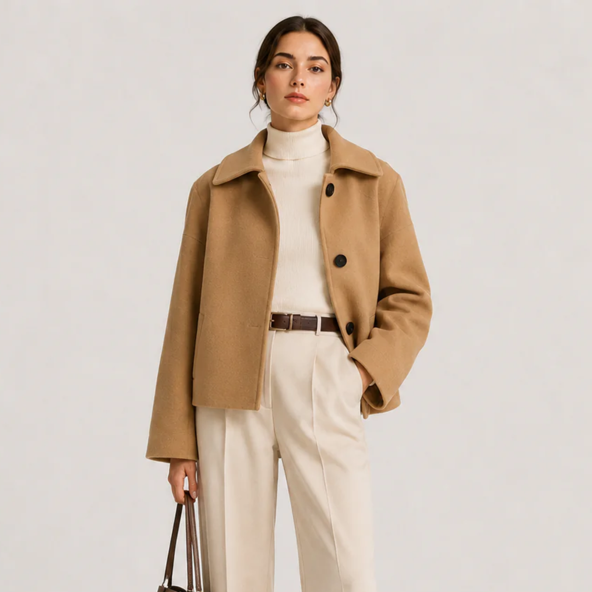 Women's Button Front Jacket Camel Collared Relaxed Fit Winter Outerwear