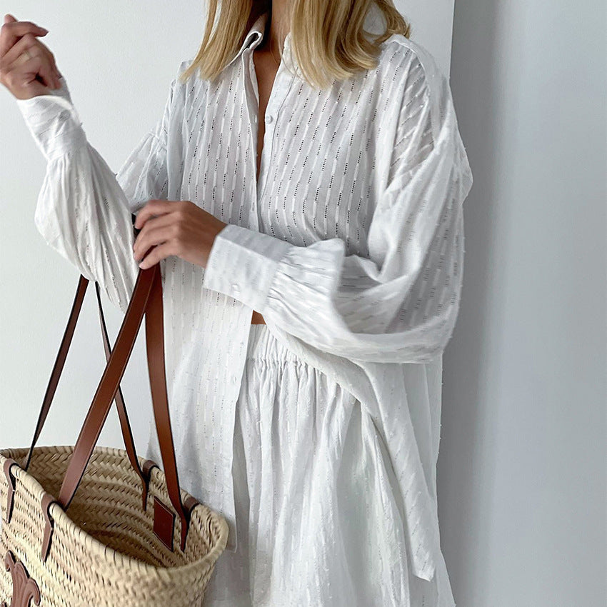 Women's Oversized Shirt Short Set Long Sleeve Button-Down Striped Casual Summer Outfit