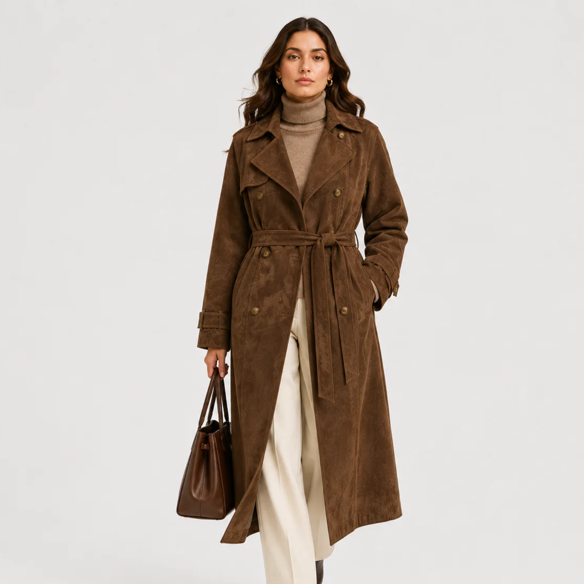 Women's Double Breasted Suede Trench Coat Belted Floral Long Winter Outerwear