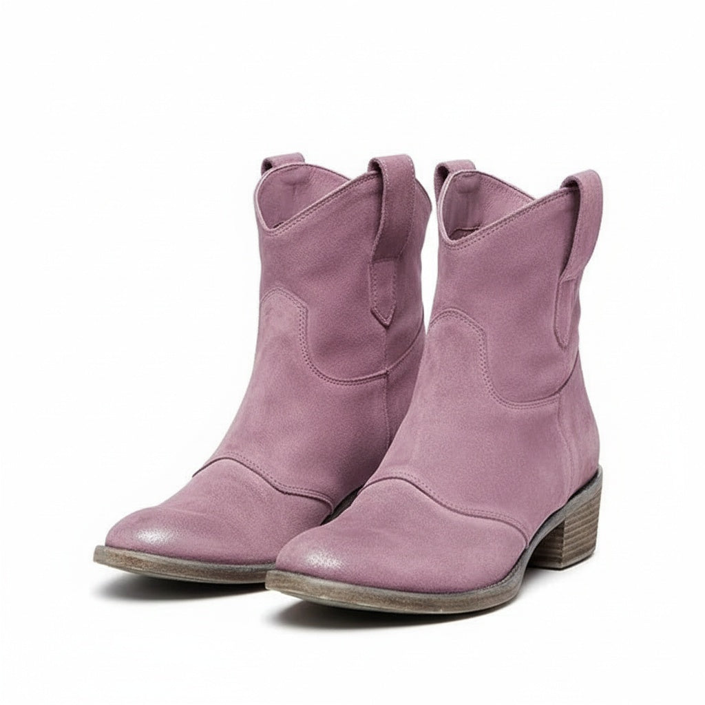 Women's Western Ankle Boots Block Heel Pointed Toe Slip-On Casual