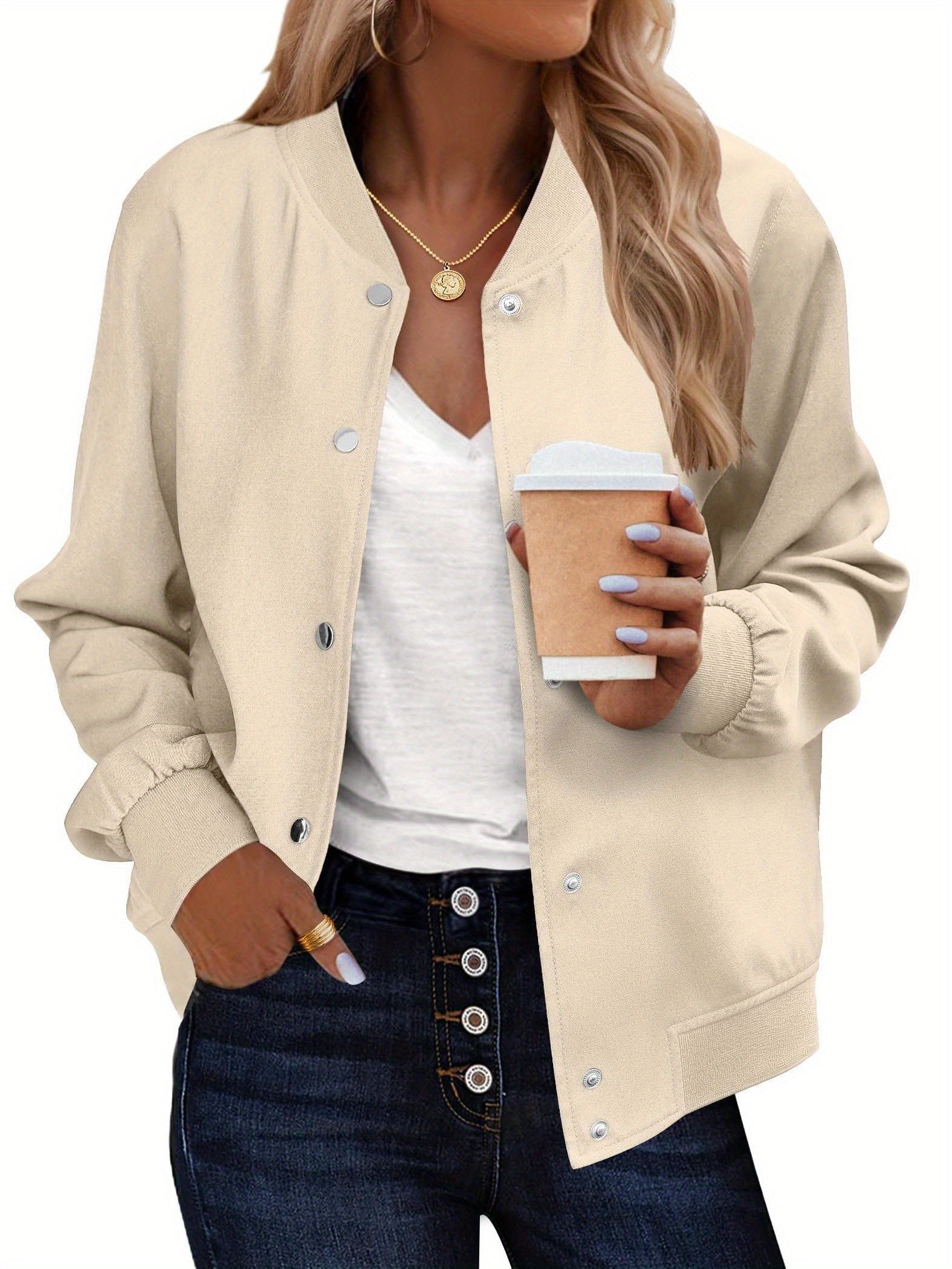 Women's Bomber Jacket Contrast Stripe Varsity Stand Collar Snap Button Casual Wear