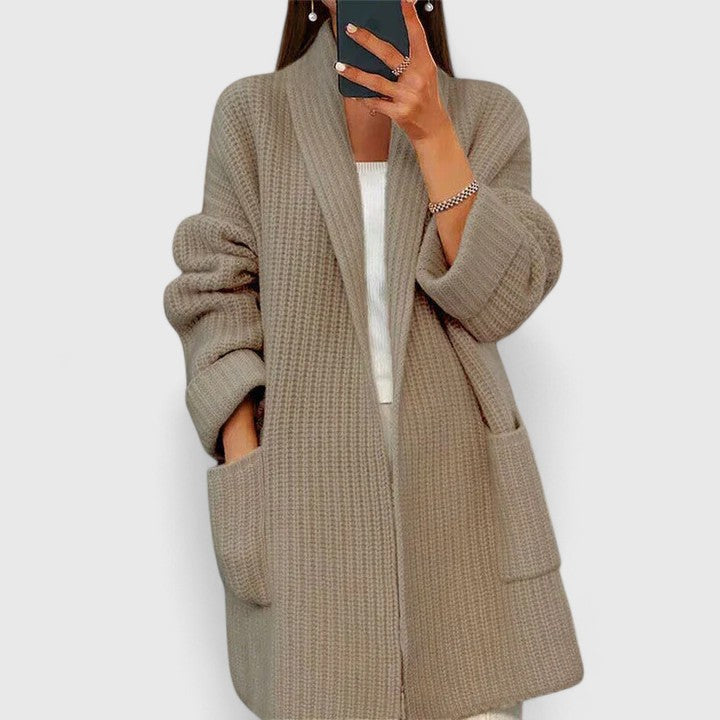 Women's Chunky Knit Cardigan Shawl Collar Open Front Pockets Oversized