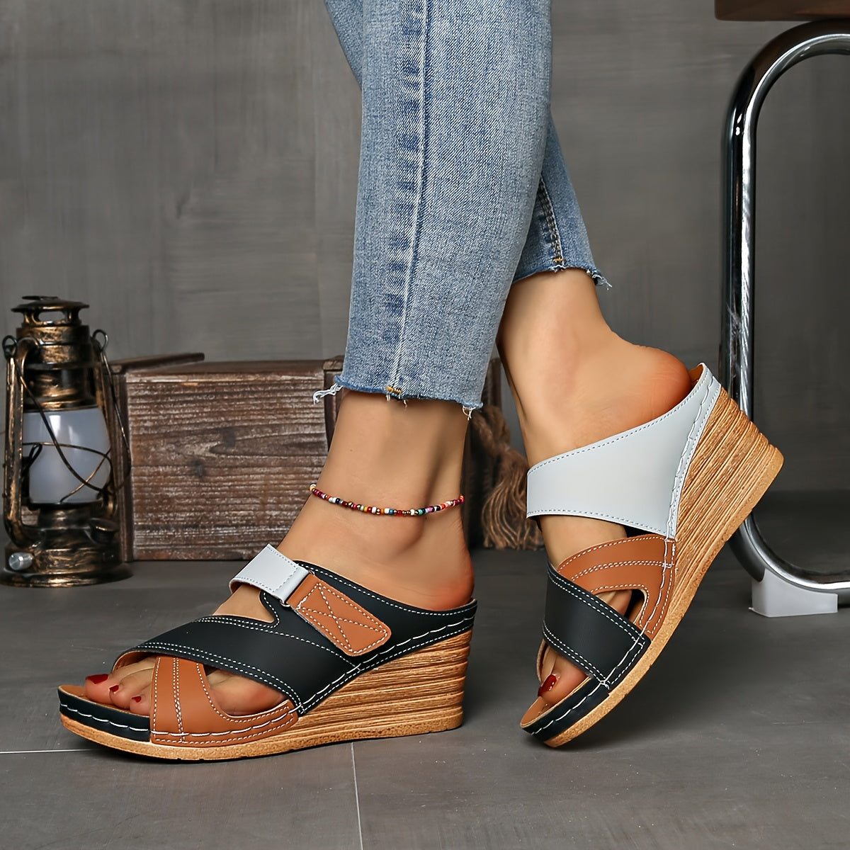 Women's Wedge Slides Two-Tone Cross Strap Open Toe Summer Sandals