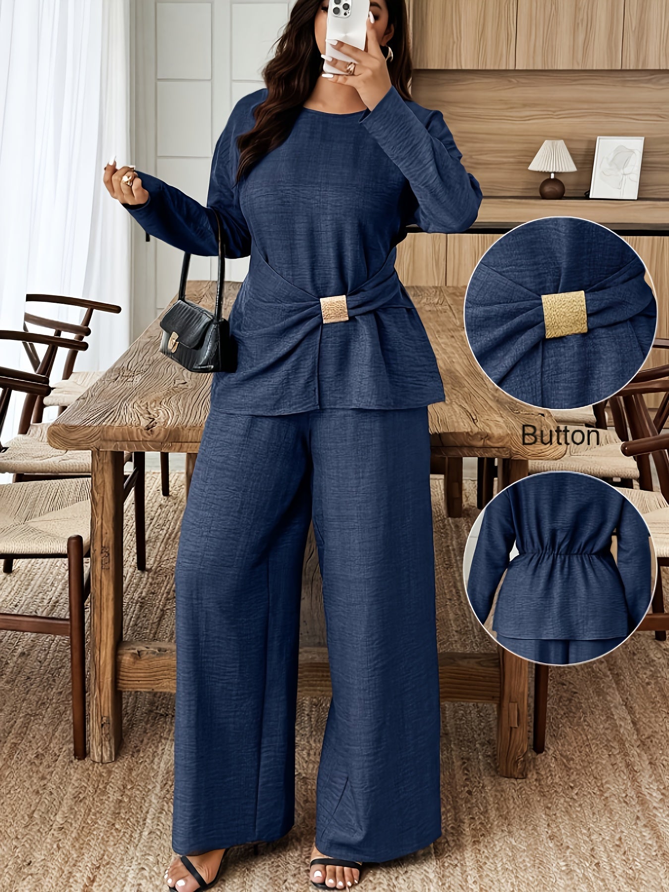 Women's Plus Size 2-Piece Set Waist-Cinching Top Round Neck Long Sleeve Wide-Leg Pants Casual