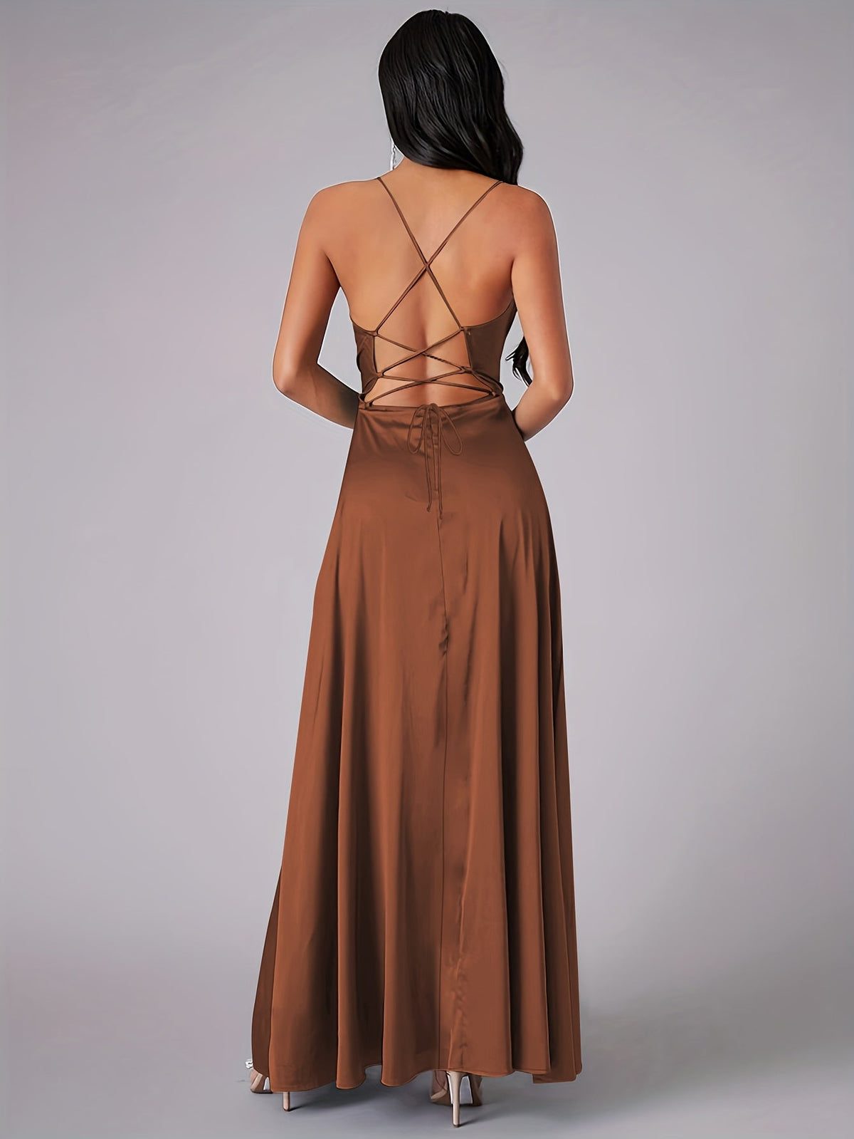 Women's Backless Maxi Dress Cowl Neck Spaghetti Strap Side Split Lace-Up Party Evening Gown