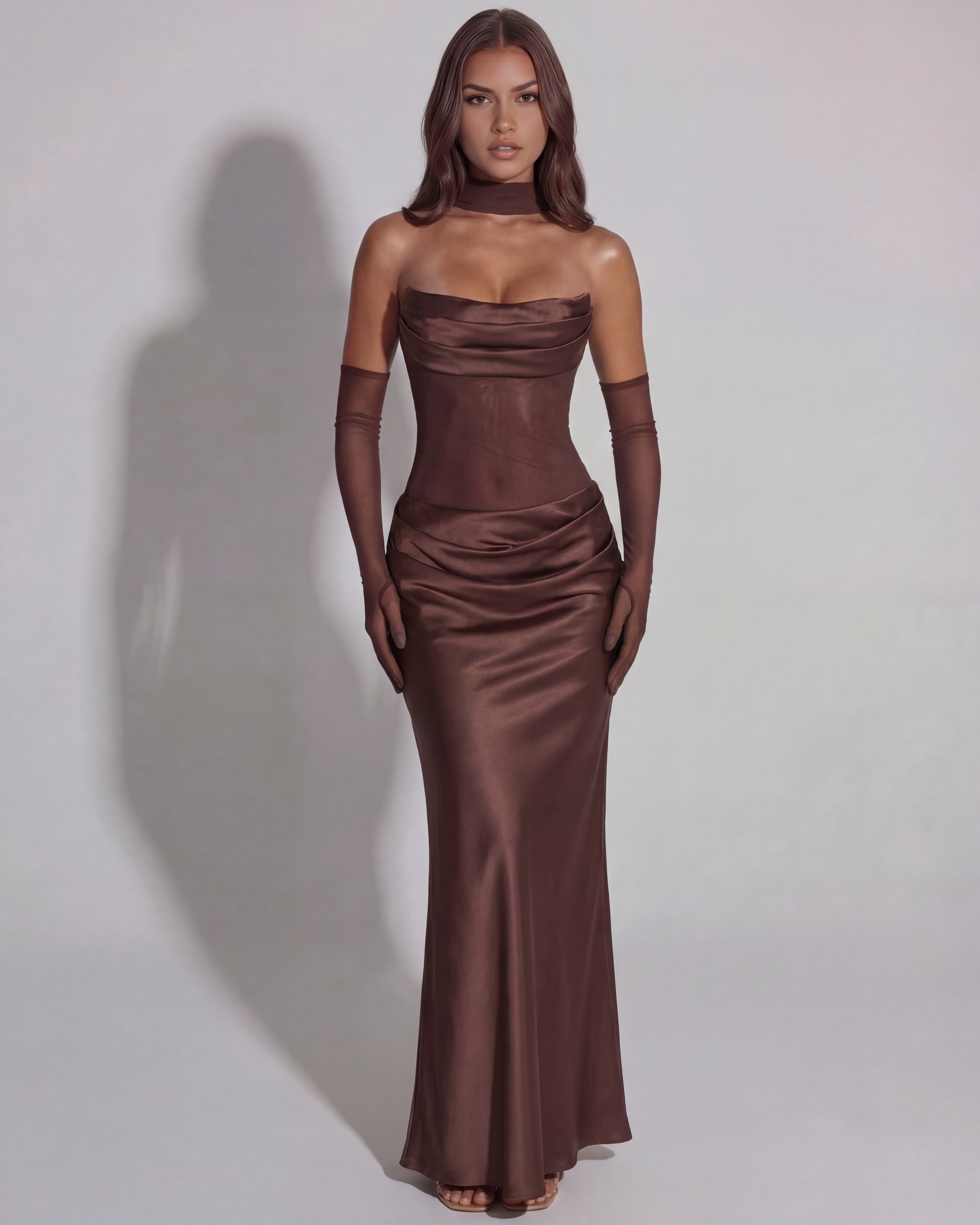 Women's Cowl Neck Satin Maxi Dress Strapless Corset Gloves Evening Gown