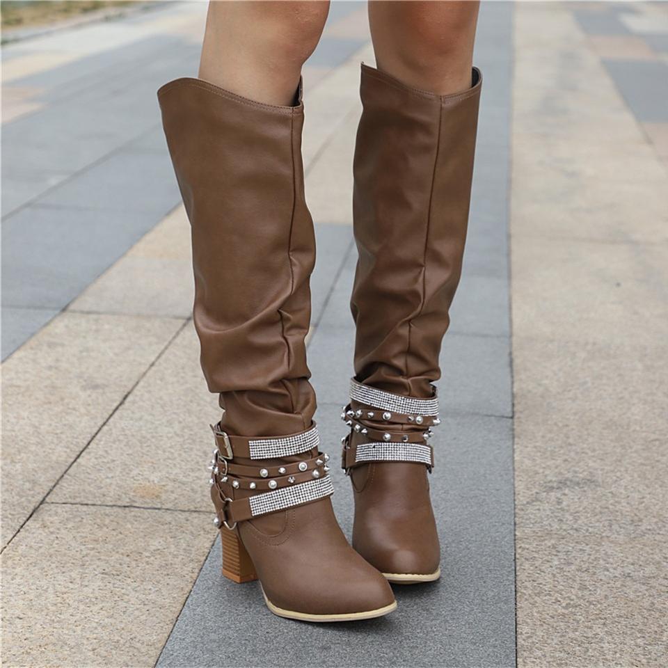 Women's Slouch Knee High Boots Studded Strap Buckle Block Heel Western