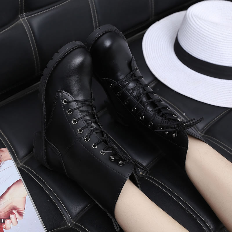 Women's Combat Boots Black Lace-Up Round Toe Mid-Calf Winter Casual