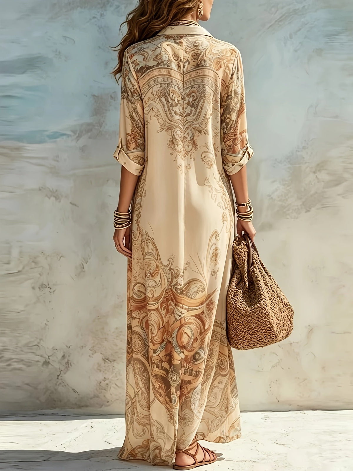 Women's Baroque Floral Print Maxi Shirt Dress Pointed Collar Long Sleeve Button Front Casual