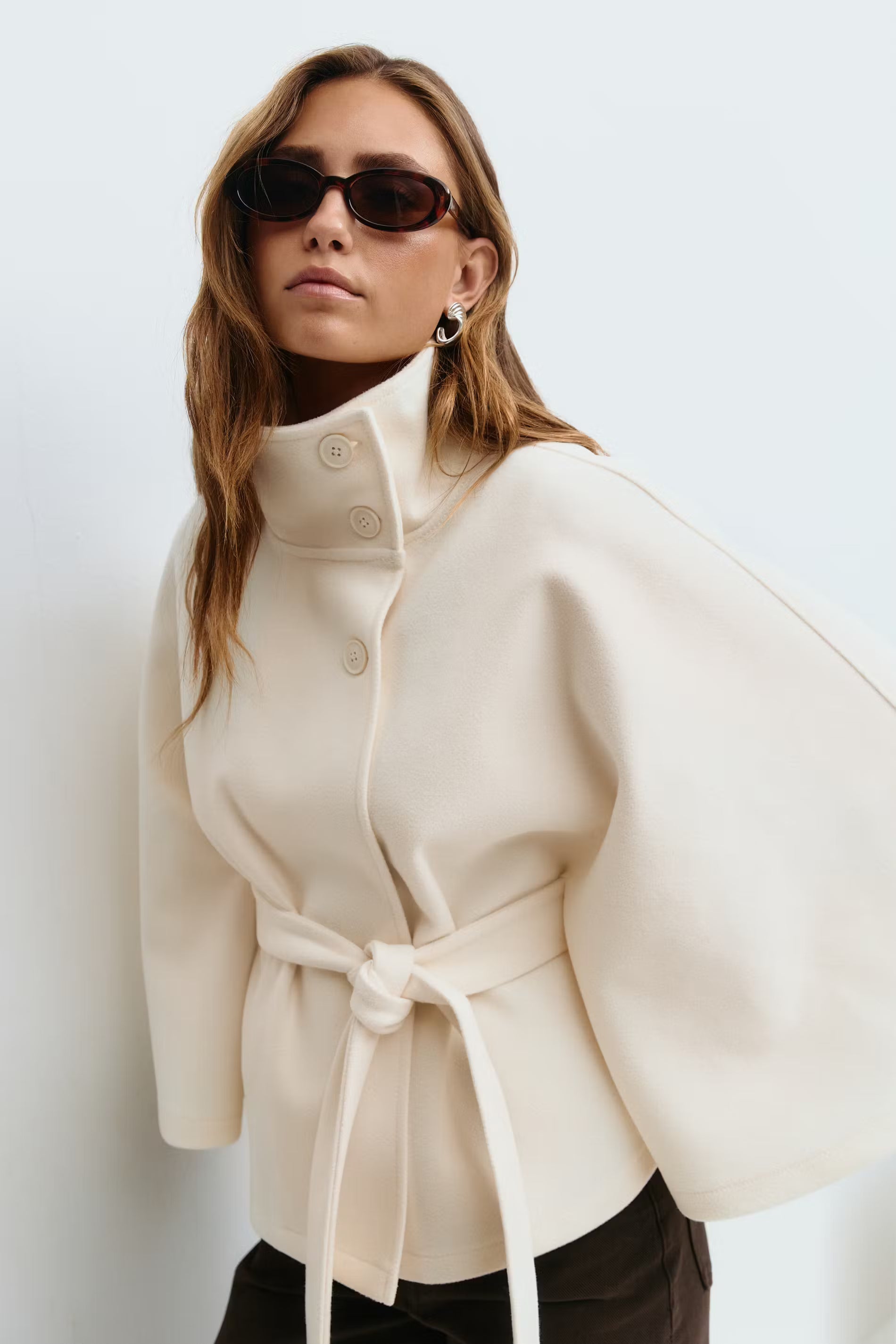 Women's Belted Cape Jacket Funnel Neck Batwing Sleeve Cream Layering Coat
