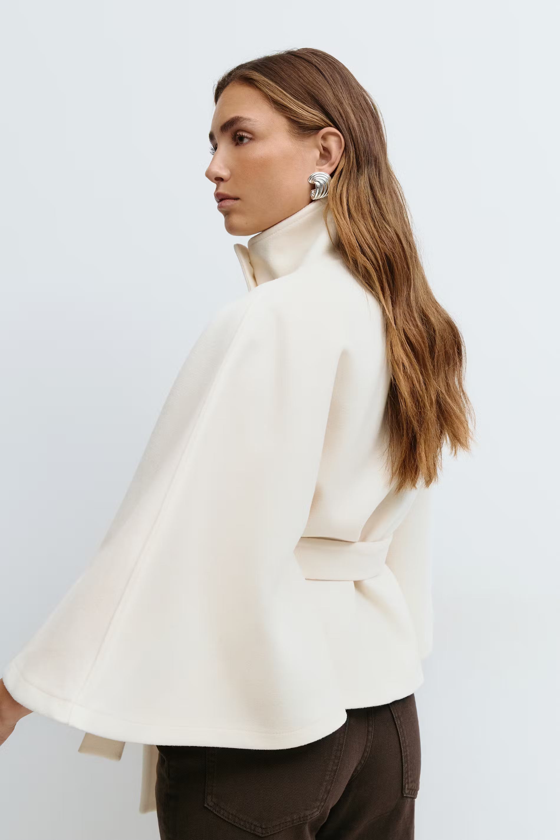 Women's Belted Cape Jacket Funnel Neck Batwing Sleeve Cream Layering Coat