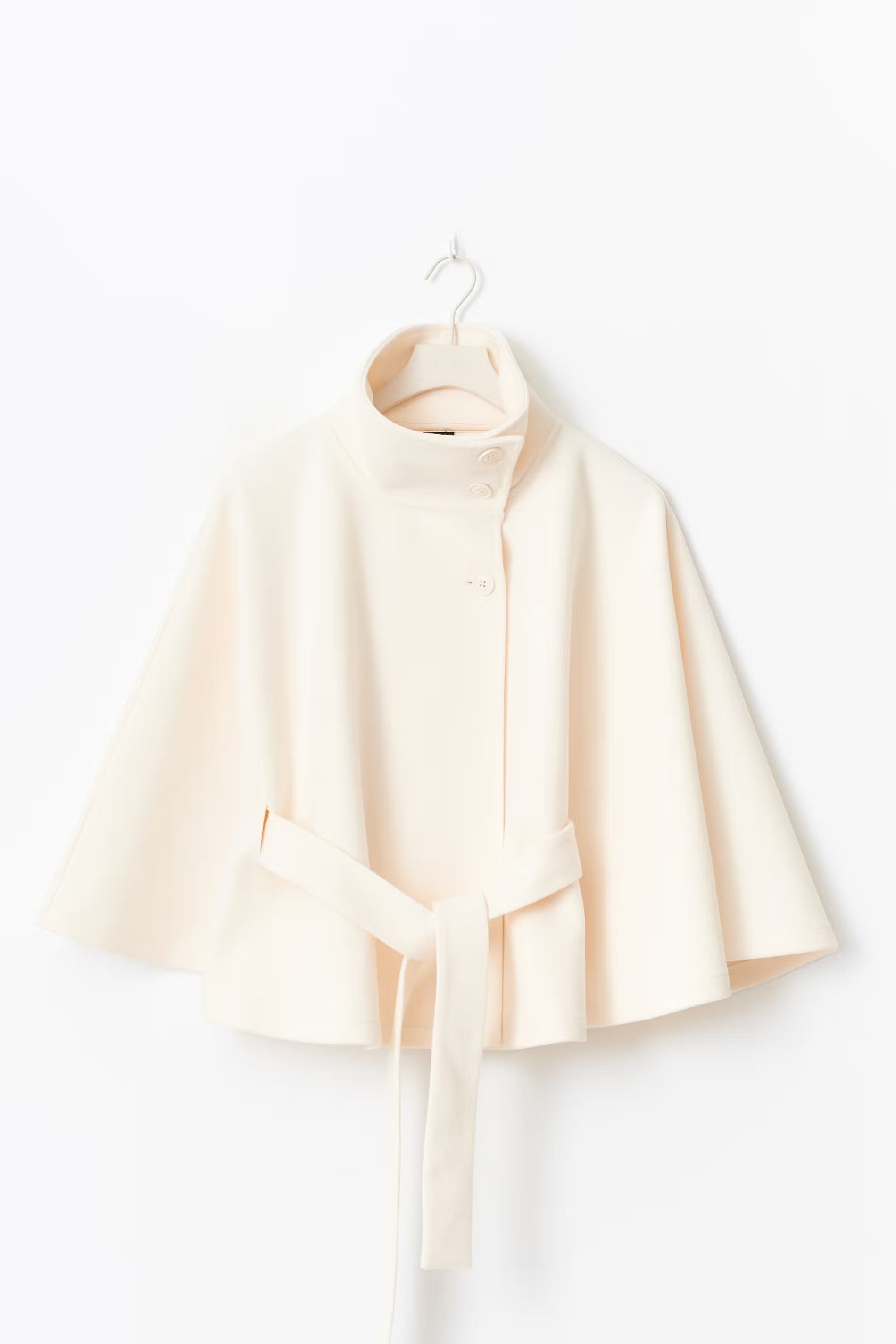 Women's Belted Cape Jacket Funnel Neck Batwing Sleeve Cream Layering Coat