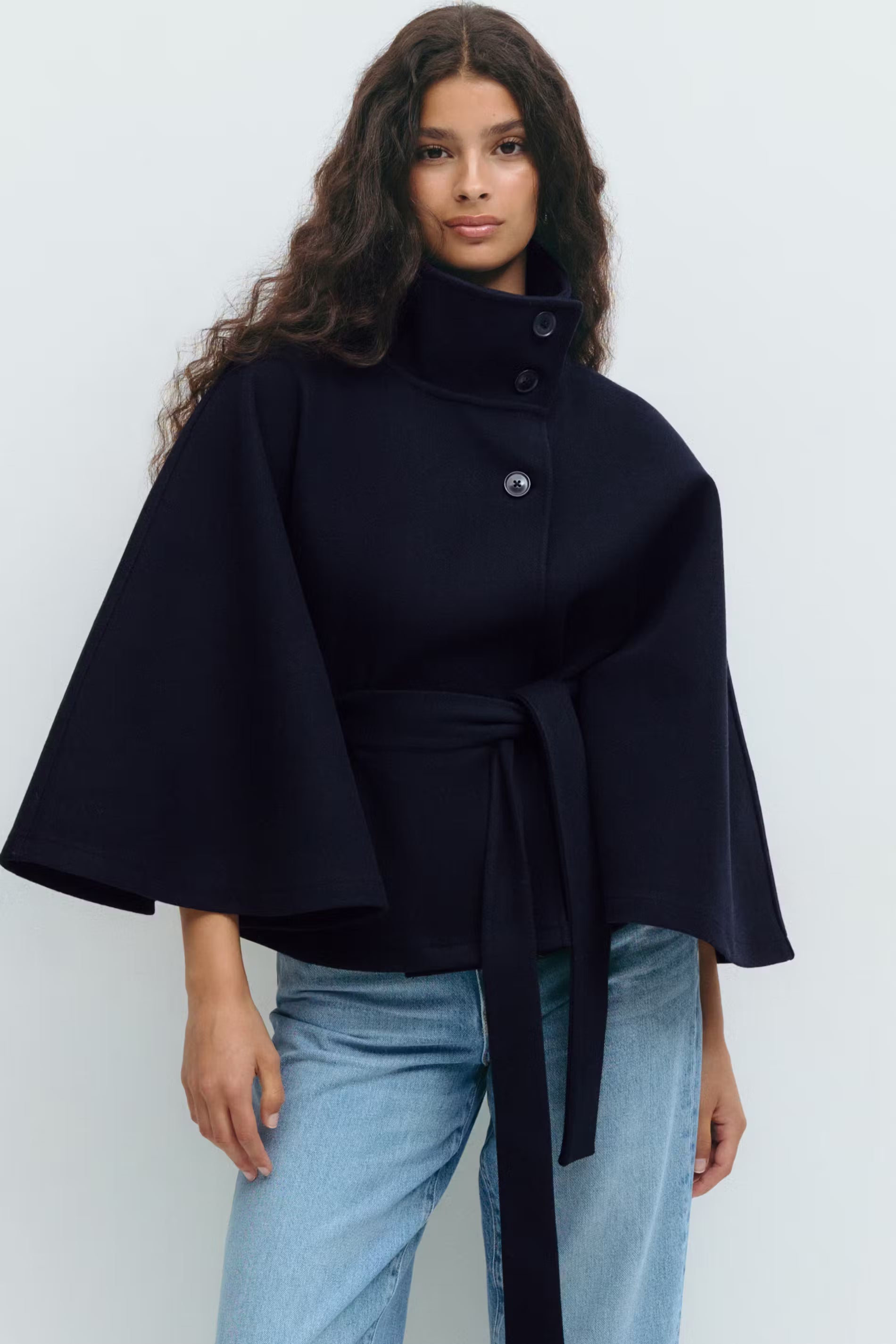 Women's Belted Cape Jacket Funnel Neck Batwing Sleeve Cream Layering Coat