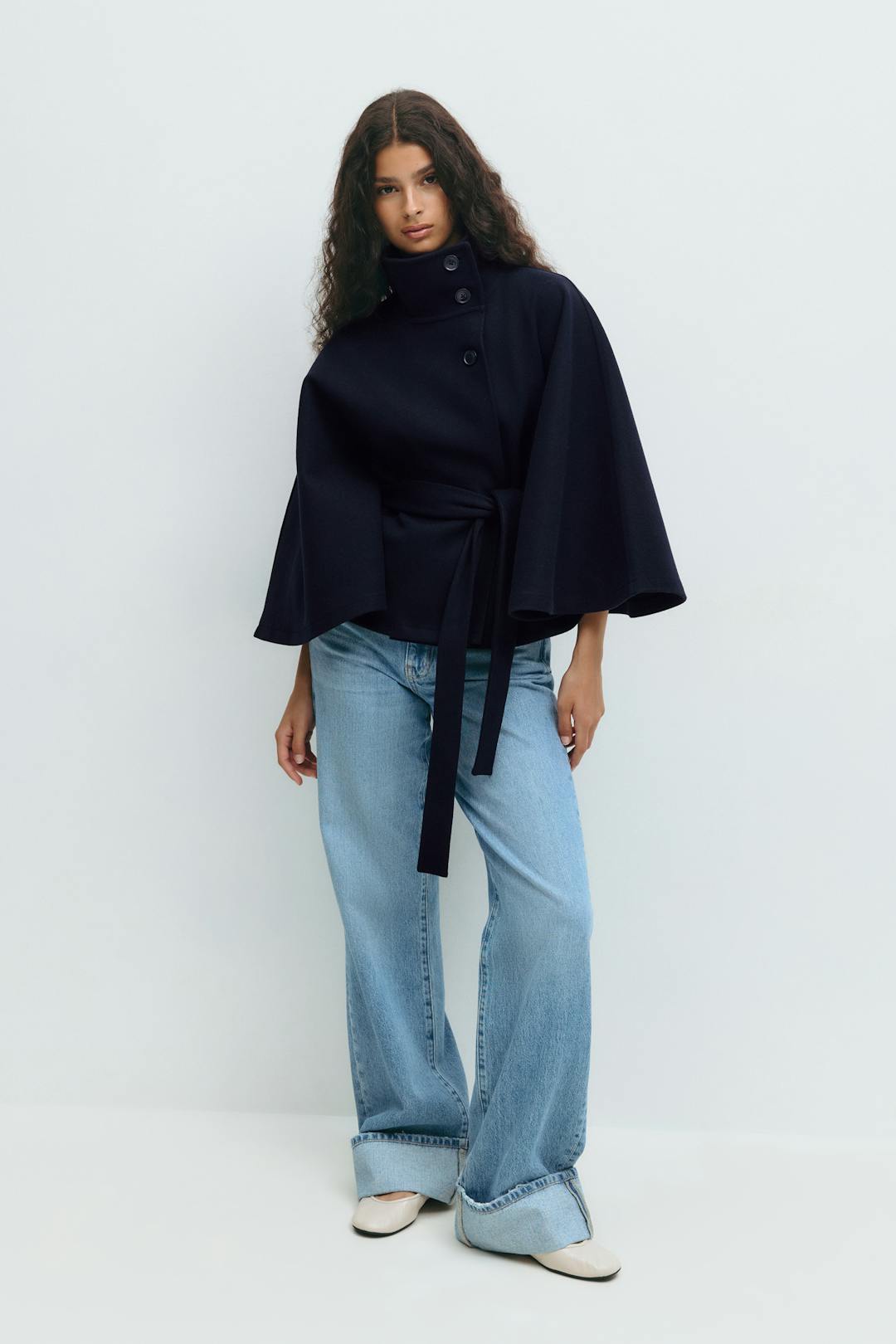 Women's Belted Cape Jacket Funnel Neck Batwing Sleeve Cream Layering Coat