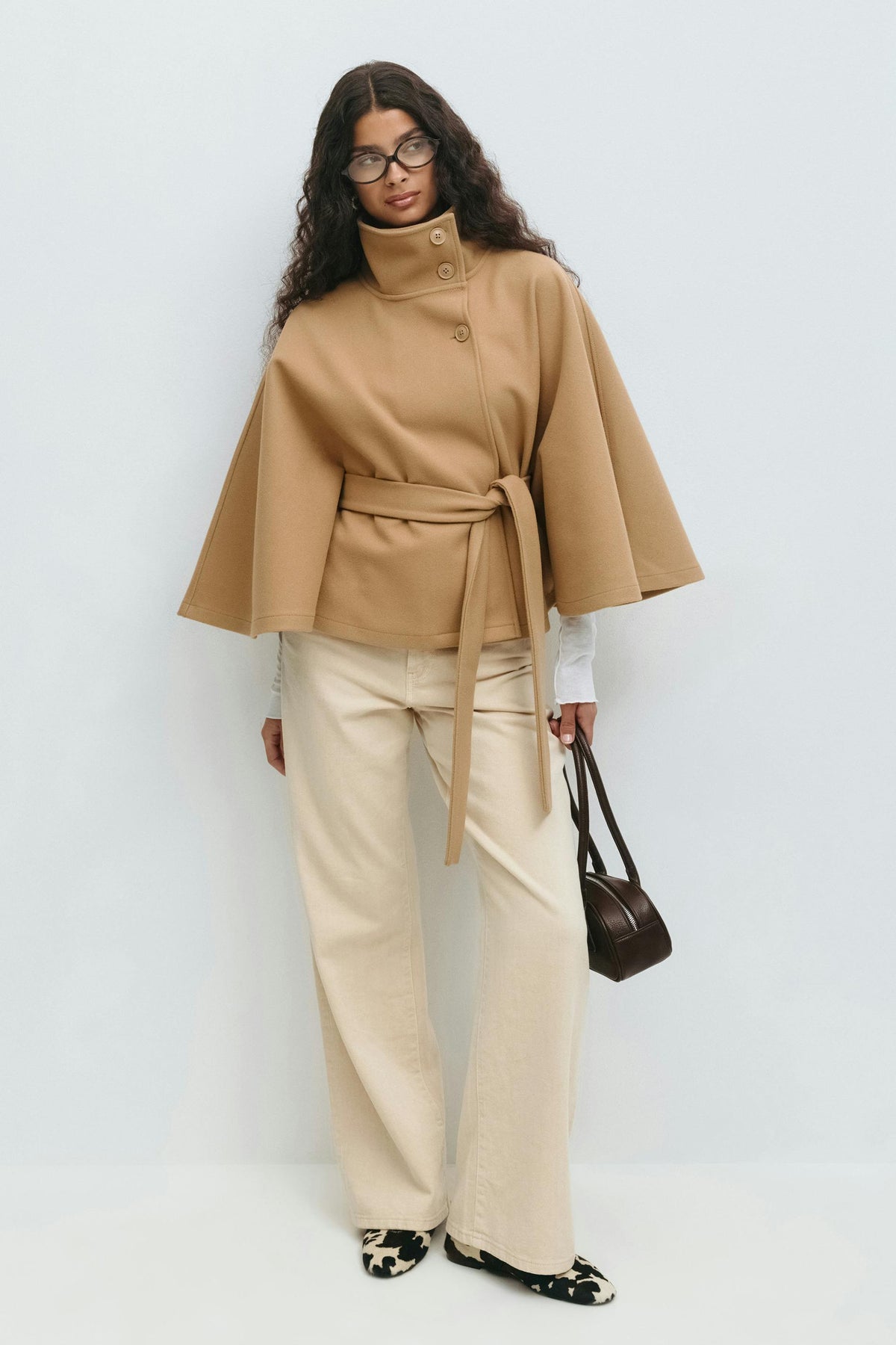 Women's Belted Cape Jacket Funnel Neck Batwing Sleeve Cream Layering Coat