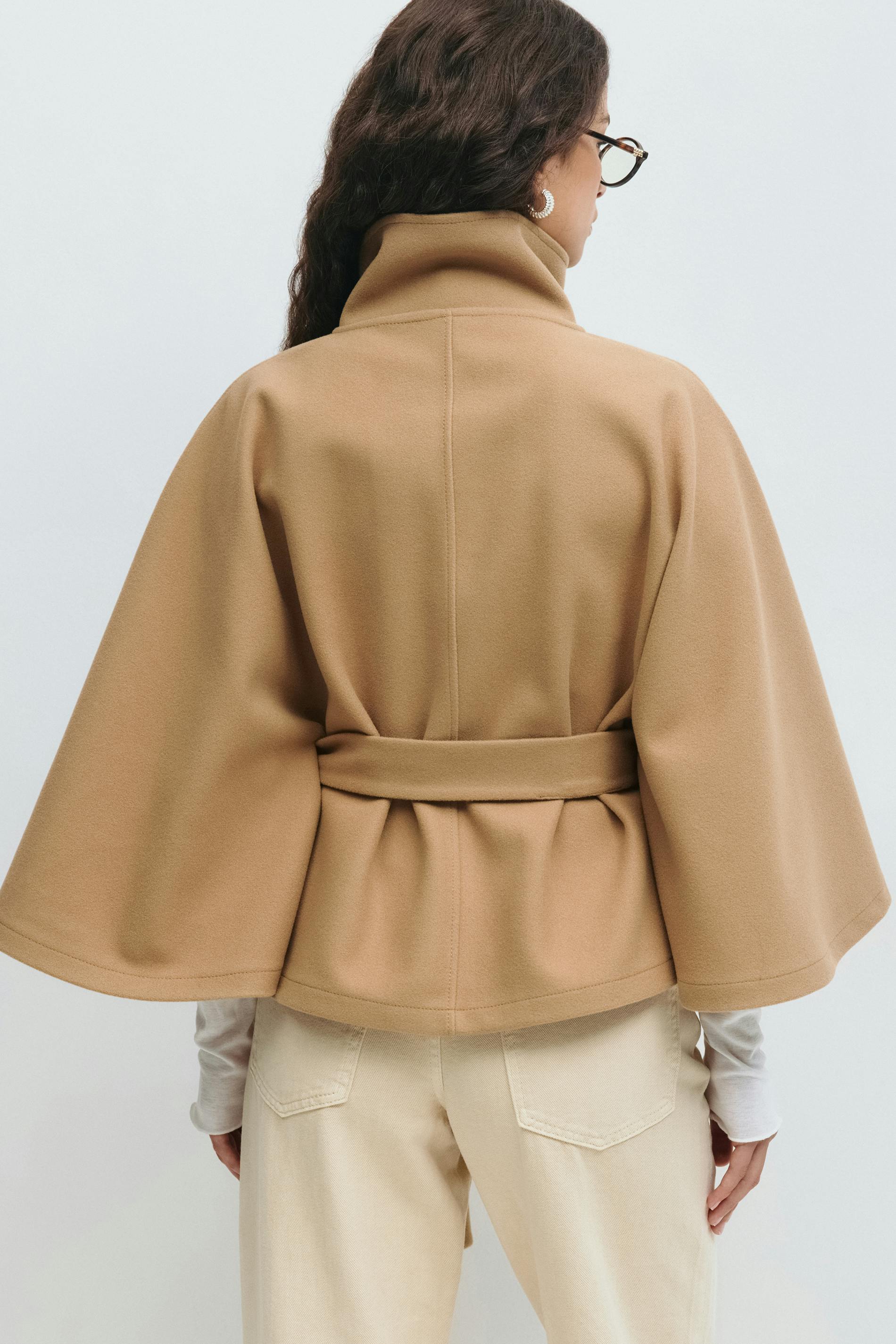 Women's Belted Cape Jacket Funnel Neck Batwing Sleeve Cream Layering Coat