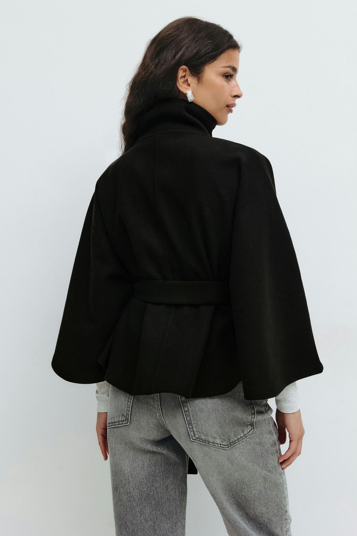 Women's Belted Cape Jacket Funnel Neck Batwing Sleeve Cream Layering Coat