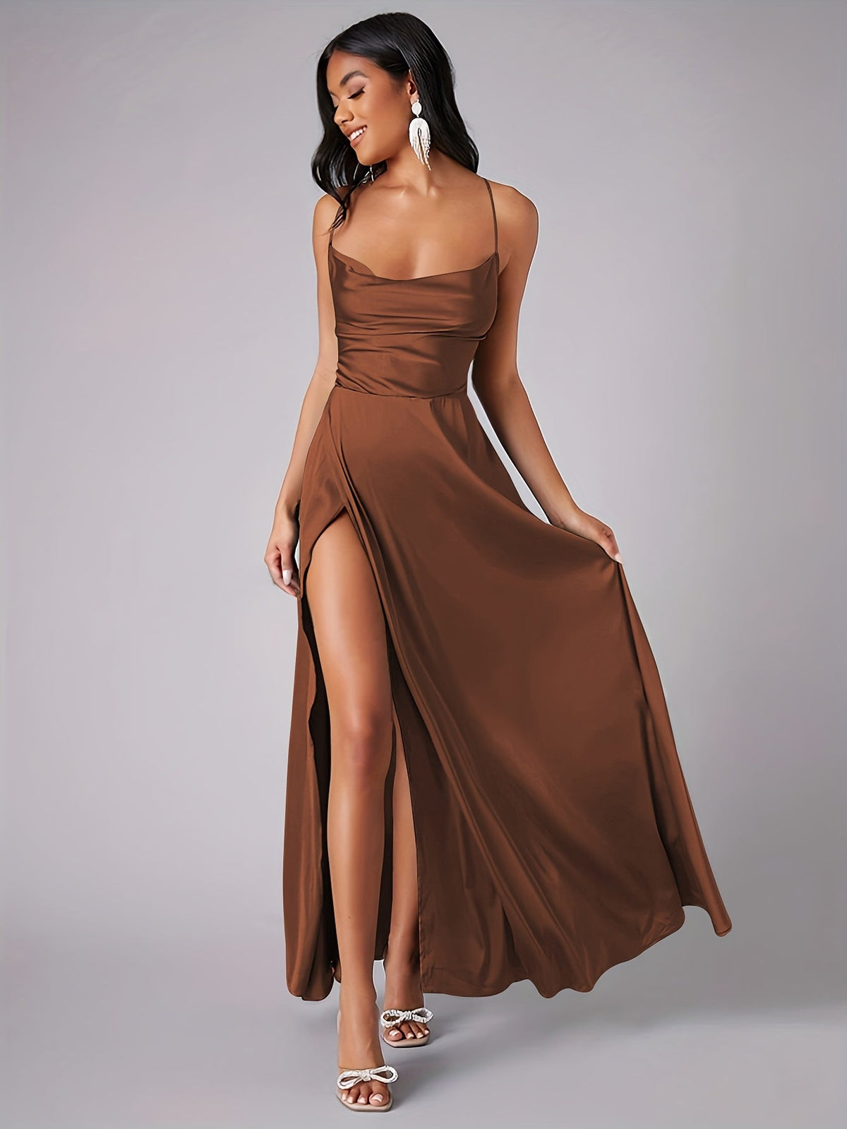 Women's Backless Maxi Dress Cowl Neck Spaghetti Strap Side Split Lace-Up Party Evening Gown
