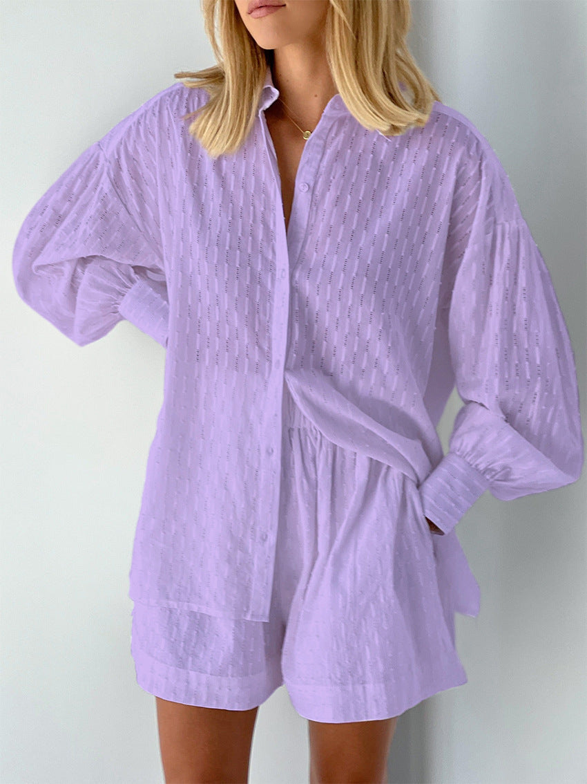 Women's Oversized Shirt Short Set Long Sleeve Button-Down Striped Casual Summer Outfit