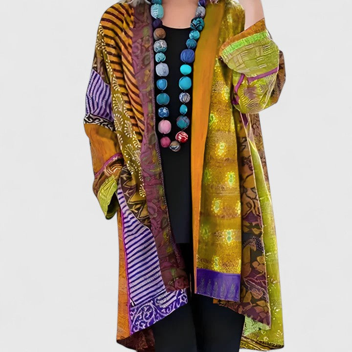 Women's Open Front Cardigan Long Sleeve Patchwork Print Draped Casual Kimono