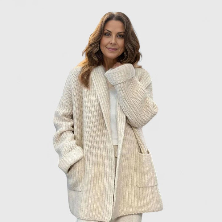 Women's Chunky Knit Cardigan Shawl Collar Open Front Pockets Oversized