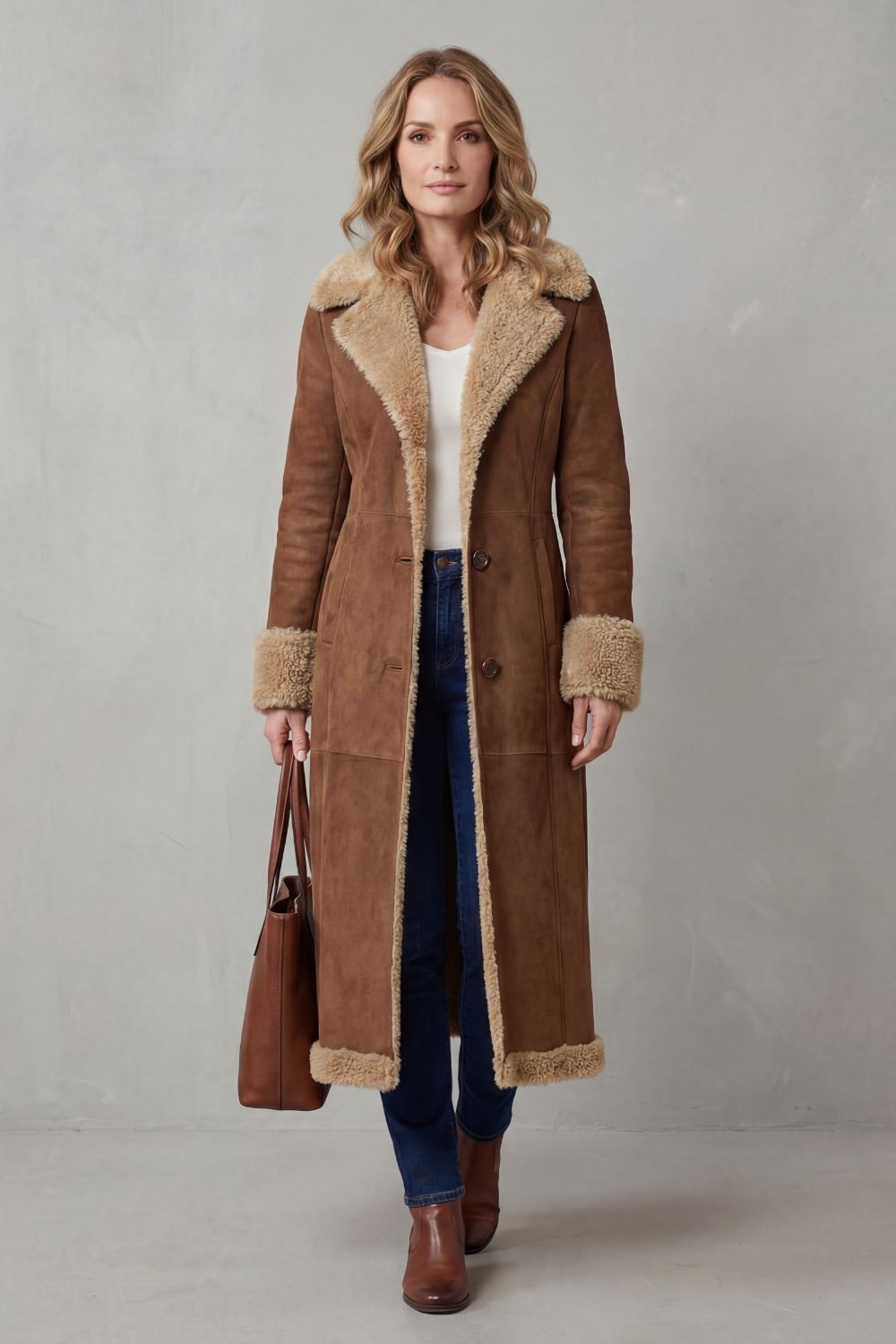 Women's Shearling-Lined Long Winter Coat Notch Lapel Button-Front