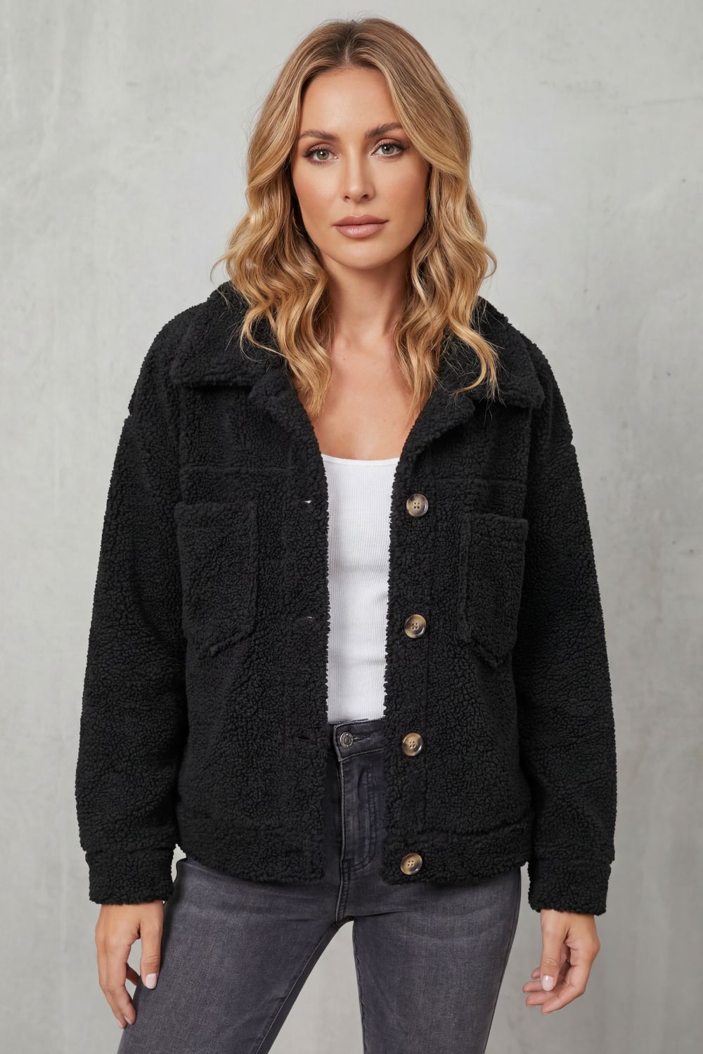 Women's Sherpa Fleece Jacket Button-Up Collared Long Sleeve Casual